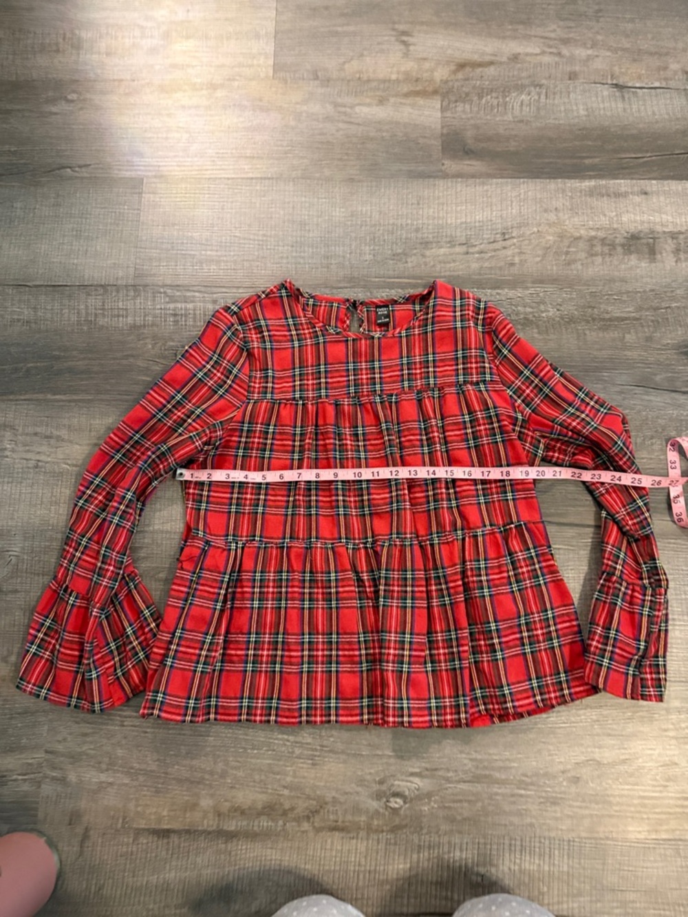 3/$10 SHEIN Red Plaid Long-Sleeve Peplum Blouse